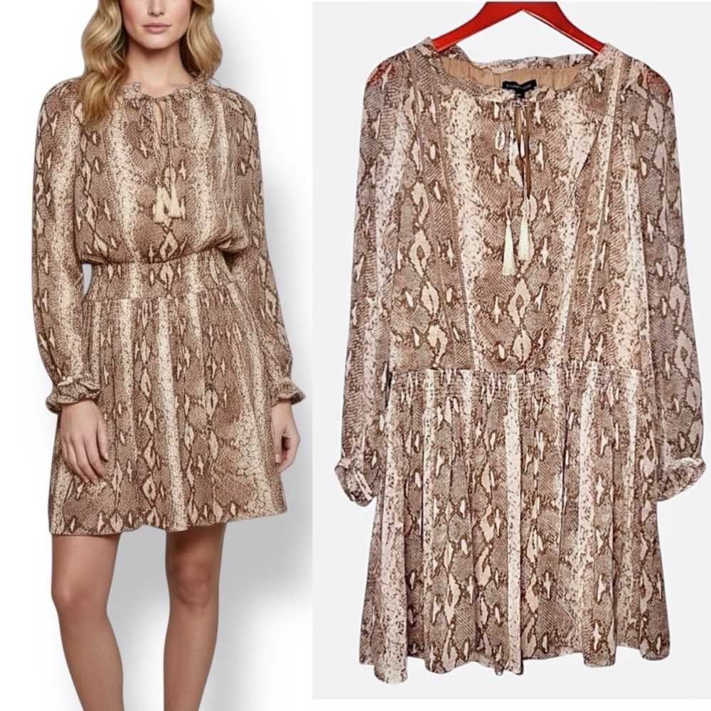 Banana Republic Snakeskin Dress Medium Chiffon Keyhole Smocked Neutral Tassels
